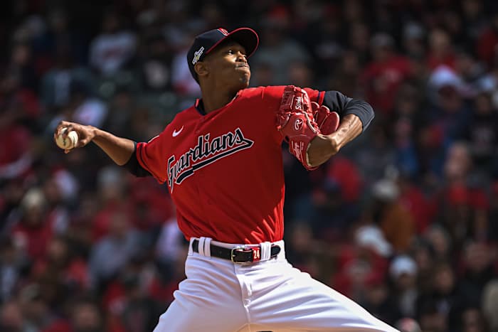Oct 8, 2022; Cleveland, Ohio, USA; Cleveland Guardians starting pitcher Triston McKenzie (24) throws a pitch against the Tampa Bay Rays in the first inning during game two of the Wild Card series for the 2022 MLB Playoffs at Progressive Field. Mandatory Credit: Ken Blaze-USA TODAY Sports